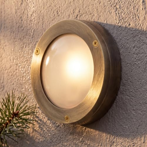 Licht-Erlebnisse Aussen Wandleuchte aus Echt-Messing antik wertig & Glas IP64 wetterfest G9 wechselbar Hof Garten Hauswand Wandlampe Außenleuchte Schiffslampe maritim