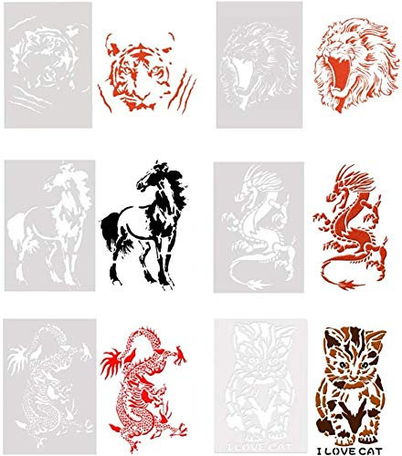 DUBENS 6er Set Tiger/Löwe/Katze/Drachen/Pferd Tier Serie Kunststoff durchbohrt Malerei Schablonen, Kinder DIY Hand Zeichnung Graffiti Vorlagen, Kaffee Kuchen Dekoration Sprühvorlage