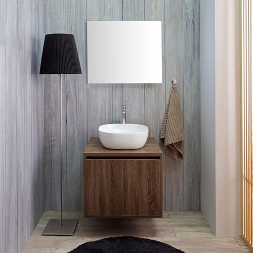 Kiamami Valentina - Mueble de baño suspendido de 60 cm con 2 Puertas Efecto Nogal, Lavabo de diseño, Espejo 60x70 | Siena