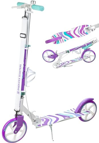 Raven Scooter – skoter för vuxna – skoter för vuxna – barnvagn – stadsskoter – hopfällbar skoter – Zea 200 mm med handbroms, ringklocka och flaskhållare (vit/lila)