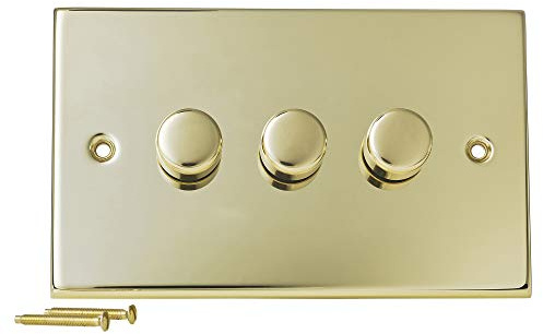 Volex Crabtree Gold 3-Gang-Metall-Dimmer, abgewinkelte Lichtschalter, Steckdosen-Kippschalter (viktorianisch)