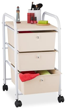 Relaxdays Badrollwagen, 3 Schubladen, Metall & Kunststoff, Rollcontainer Bad, Kosmetik, HxBxT: 60 x 33 x 39 cm, weiß, 1 Stück