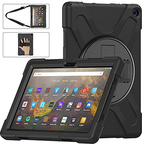 LEHEE Hülle für Das Neue Fire HD 10 und Fire HD 10 Plus Tablet (11. Generation, 2021 10,1 Zoll), Drehbarer Handschlaufe /360-Grad-Ständer und Schulter Schutz Hülle, Schwarz