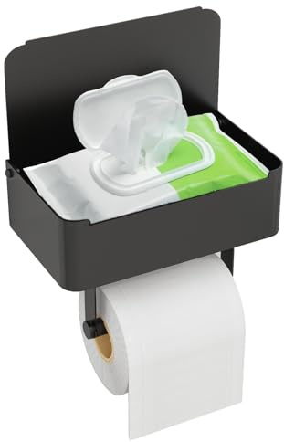 JUYSON Toilet Paper Holder with Shelf, Flushable Wipes Dispenser Fits for Bathroom Wipe Storage, Keep Your Wipes Hidden Out of Sight - SUS304 Stainless Steel Wall Mount Organizer (Matte Black)