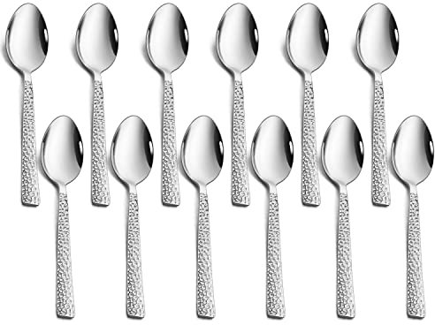 Herogo Teelöffel, 12 Stück Edelstahl Teelöffel Set, 14 cm Hammered Handle Kaffeelöffel für Kaffee, Tee, Dessert, Kuchen, Spiegel-Finish & Spülmaschinenfest, Metall Silber