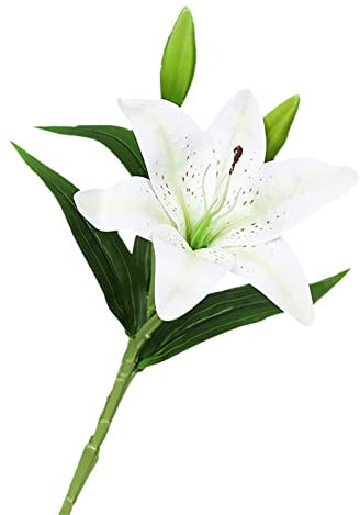 Fofetbfo 6 flores artificiales blancas de lirio de tigre de 38 cm con hojas verdes y tallo largo, flores artificiales de lirio de tacto real para ramos de boda, decoración del hogar