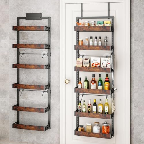 BUKFEN 6-Tier Over the Door Pantry Organizer, 2-in-1 Door Hanging or Wall Mounted Spice Rack, Heavy Duty Metal Storage Shelves with Adjustable Wooden Baskets for Kitchen Bathroom Closet