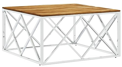 vidaXL Couchtisch, Beistelltisch mit viel Platz, Sofatisch für Wohnzimmer, Tisch Kaffeetisch Telefontisch, Silbern Edelstahl Massivholz Akazie