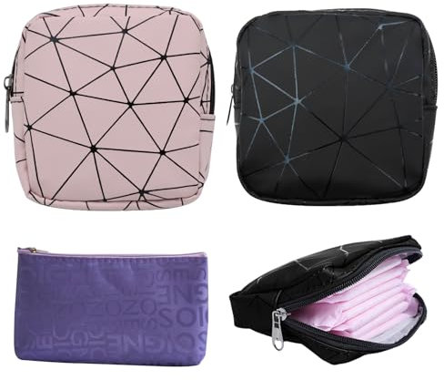 BORISCA 3 Stück Binden Aufbewahrung Tampon, Aufbewahrungstasche Tampon Perioden Tasche mit Reißverschluss, Mini Damenbinde Tragbar Tampontasche Organizer für Damen Mädchen (Schwarz Rosa Lila)