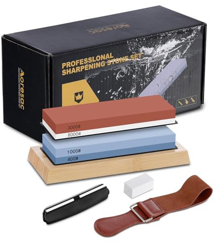 Aoresac Piedras Afilar Cuchillos Profesional 8 en 1 Cuchillo de Piedra Afiladores Manuales 400/1000 3000/8000 Con Base Antideslizante de Bambú, Correa de Cuero, Guía de ángulo y piedra de aplanamiento