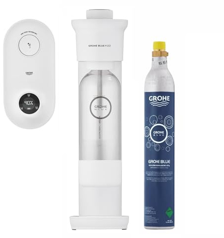 GROHE Blue Fizz Advanced - Gasatore Starter Kit (Display digitale del livello di CO2, 1 bombola di CO2, 1 bottiglia d'acqua da 0,85 + polvere pulizia), Bianco, 31945L00