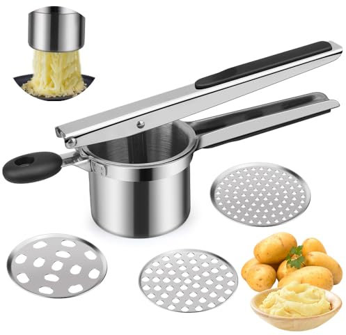 kartoffelpresse edelstahl,Kartoffelpresse für Kartoffelbrei, Gemüsebrei, mit 3-Loch-Scheibe, ergonomischem Design und Silikongriff