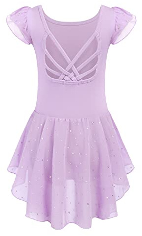Arshiner Robe de Ballet pour Filles - Dos Nu, Manches Courtes, Justaucorps en Coton Violet avec Tutu Irrégulier pour 5-6 Ans