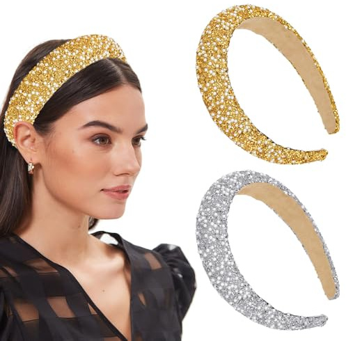 HEKOBAG 2 Stück Damen Haarreifen Glitzer Perlen Stirnband Strass Bling Thick Haarband Elastisches Stirnbänder Glitzernd für Frauen und Mädchen (Silber/Gold)
