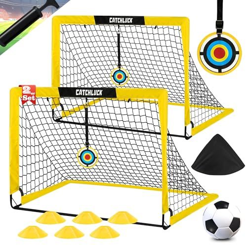 CATCHLUCK Fotbollsmål för Trädgård Barn Pop Up 2st Set Med Fotboll, 6 Fotbollskon, 8 U-Formade Markspikar Och Bärväska (Gul)