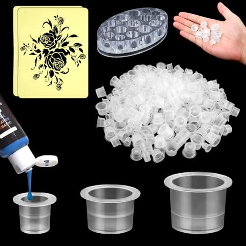 300 Stück Farbkappen Tattoo, Tattoo Tintenbecher mit Cups Halterungen und 2 Kunsthaut Tattoo, Kleine und Mittlere und Große Je 100, Pigment Tattoo Cups Tattoo Zubehör für Tattoo Ink Tattoo Supplies