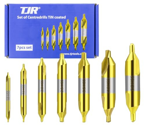 TJR© Set mit 7 TiN-beschichteten Zentrierbohrern - 1mm, 1,5mm, 2mm, 2,5mm, 3mm, 4mm, 5mm - Hochgeschwindigkeitsstahl (HSS) Präzisionsbohrwerkzeug-Set