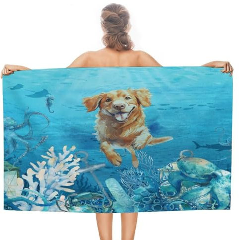 Strandtücher, Abstrakte Unterwassertiere Hund Duschtuch Sandfreie Stranddecke Mikrofaser Reisehandtuch Für Männer Spa Fitness 80X130Cm