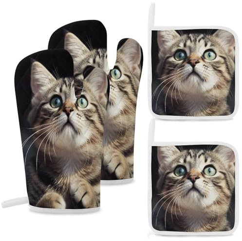 Lot de 4 gants de cuisine et maniques pour chat - Résistants à la chaleur - Gants de barbecue antidérapants pour la cuisson au four, les grillades de cuisine