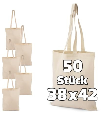 WPRO 50x Baumwolltasche Stofftasche 38x42cm – Lange Henkel, unbedruckt, wiederverwendbar, ökologisch – Ideal zum Selbstgestalten & Bemalen