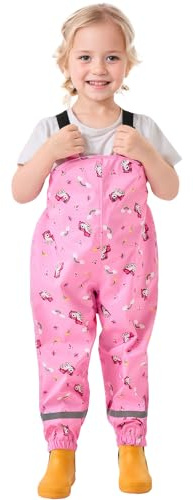 Vckrio Pantalón Impermeables para Niña Rosa Pantalones Peto Mono de Lluvia Unicornio Arcoiris Estampado Finos con Reflectantes Pantalón Barro Estirable Portátil Deporte Trekking Ciclismo Niño 4-5 Años