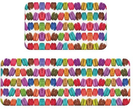 Macaron - Set di 2 tappetini da cucina con stampa di biscotti aromatizzati per casa e ufficio, set da 2 pezzi, antiscivolo, imbottiti, impermeabili