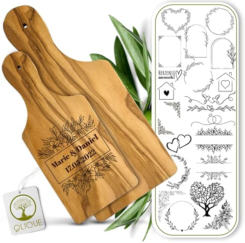 Lot de 2 planches à découper en bois d'olivier avec poignée personnalisée, en bois d'olivier rustique, avec gravure, cadeau de mariage personnalisé