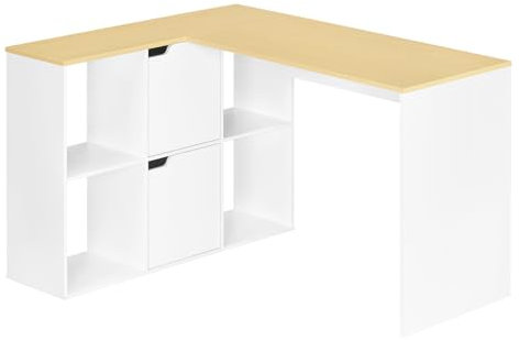 eSituro Schreibtisch L Form, Eckschreibtisch 120 cm mit Bücherregal, Computertisch Bürotisch mit Stauraum, PC Tisch für Büro Arbeitszimmer Homeoffice, Weiß + Eiche, 120x100x75 cm