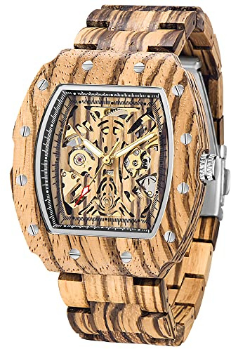Tiong Montre carrée en bois pour homme, montre automatique creuse, montre mécanique en bois pour homme, Mwd-01fang
