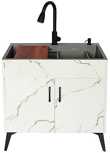 Mueble de fregadero comercial con grifo extraíble y dispensador de jabón para lavandería, jardín, restaurante, tocador espacioso incluido (color PU)