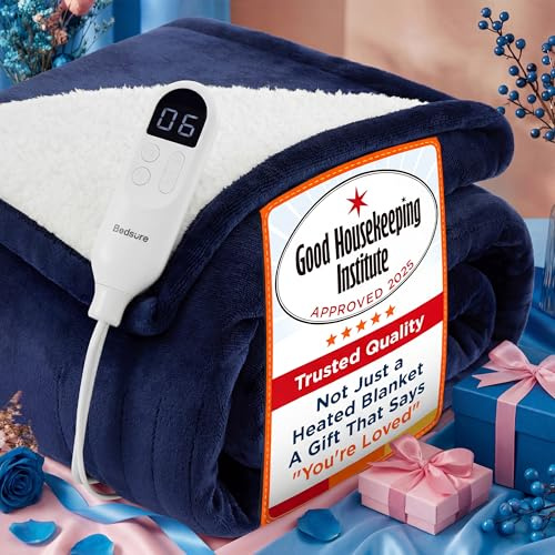 Bedsure Electric Blanket Heated Throw - Flannel, 130x160cm, Navy | Soft flannel with 6 heat settings and 10-hour timer with fast heating and overheat protection