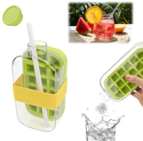 Ice Cube Bottle with Straw and Bandage, 2 in 1 Touch-Free Cool Summer Ice Tray Water Bottle Flexible Silicone Cube Trays Freezer for Making Juice Beverages Coffee(Green)