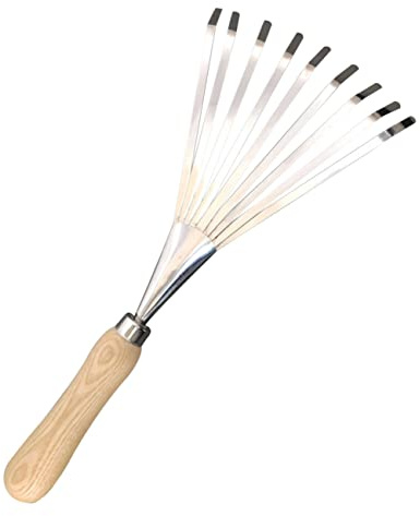 Mikikit Edelstahl Rechen mit Holzgriff Laubharke Gartenharke Robust Dichte Zinken Gartengerät für Garten Terrasse und Hof