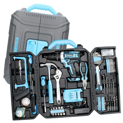 Ferrestock Bricoset FSKTAB101PLUS Taladro percutor 21V a batería con herramientas y accesorios para la mayoria de trabajos del hogar inclye caja de almacenaje