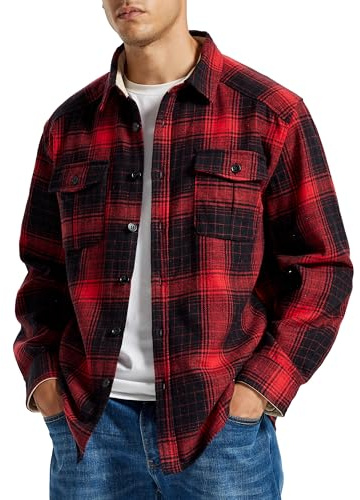 MoFiz Men's Long Sleeve Plaid Flannel Shirts Cotton Plaid Button Down Shirts for Men Soft Regular Fit Mens Casual Shirts, Black Red, S