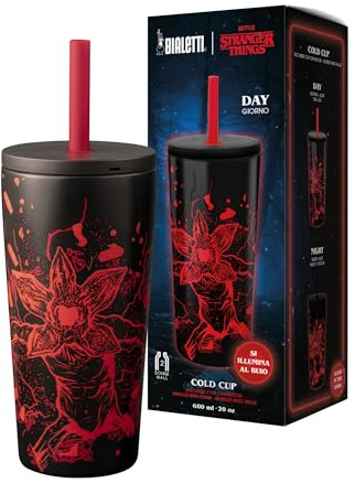 Bialetti Vaso térmico Stranger Things, 900 ml – tapa con pajita, brilla en la oscuridad, mantiene la temperatura, no apto para lavavajillas