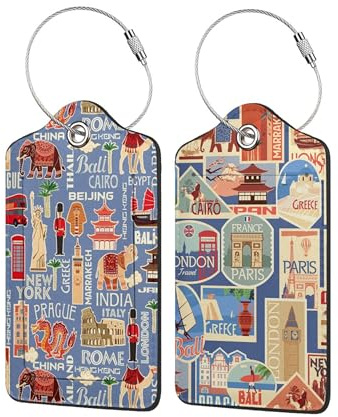 2 Pack Luggage Tags, Travel Cruise Retro Travel Stickers Personalised Luggage Tags with Privacy Flap, Name ID Label and Metal Loop for Women Men Baggage Handbag School Bag Backpack
