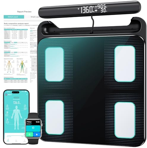 Körperfettwaage mit Handsensoren, 8-Elektroden Personenwaage Digital mit 58 Körperanalyse Körperwaage mit Bluetooth App Personenwaage mit Körperfettanalyse für 24 Nutzer, Körperfett, BMI,180kg/400lbs