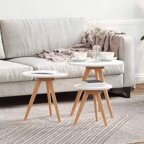 QUAHEAS Lot de 3 tables basses rondes en bois de noyer massif pour salon, jardin et terrasse, design moderne, multi-usages