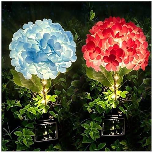 Luces solares de jardín de flores de hortensias para exteriores, paquete de 2, flores extragrandes, panel solar mejorado, luces de jardín impermeables para decoración de patio, césped, patio, regalo