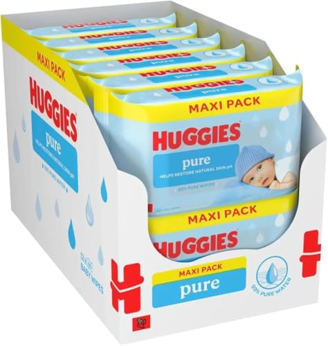 Huggies Pure Baby Wipes, 99% Pure Water, Restores Natural Skin pH, Maxi Pack, 12 x 60 Wipes