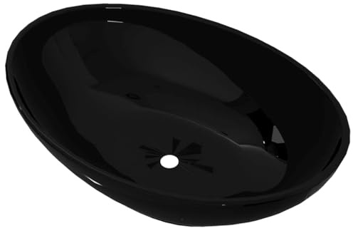 Lavabo ovale in ceramica nero lucido, 40 x 33 cm, design moderno, per bagno, lavanderia o WC degli ospiti, facile da pulire, scarico non incluso