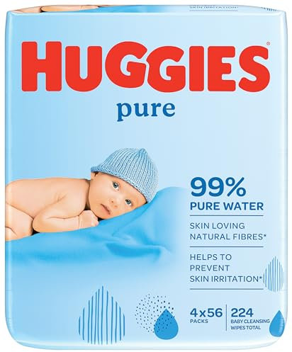 Huggies Pure, Baby Wipes, 4 Packs (224 Wipes Total) - Natural Wet Wipes for Sensitive Skin - 99 Percent Pure Water - Fragrance Free to Clean and Protect