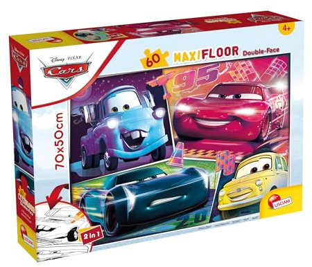 Lisciani - Disney Cars Legespiel - Puzzle ab 3 Jahren - Double Face 2 in 1: Supermaxi & Ausmalbild - 60 Teile - Riesenformat 70 x 50 cm - Lernspiel für Kinder und kleine Rennsport Liebhaber Set