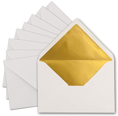 50x DIN C5 Kuverts 15,7 x 22,5 cm in weiß mit goldenem Seidenfutter - Nassklebung - Blanko Brief-Umschläge - Post-Umschläge ohne Fenster im C5 Format - Marke: FarbenFroh by GUSTAV NEUSER