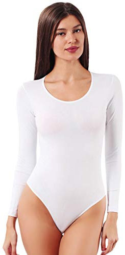 VEDATS Damen Body Langarm Rundhals Top Unterhemd Bodysuit (S, Weiß)