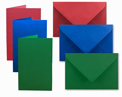 60x Kartenpaket DIN A6 / C6 in Rot, Blau, Grün - Faltkarten mit Falz A6 10,5 x 14,8 cm & Umschläge C6 11,4 x 16,2 cm - Für Einladungen und Grußkarten zu Weihnachten & Geburtstag