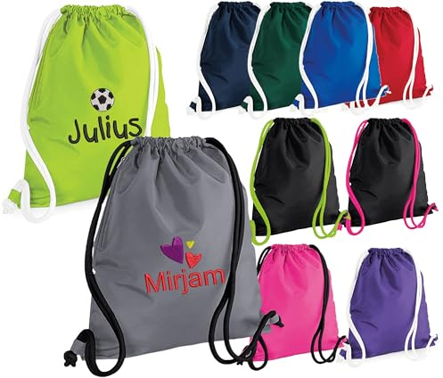 Sportbeutel mit Seitenfach mit Name & Motiv oder Sternzeichen bestickt | Individuell mit Namen personalisierter hochwertiger Turnbeutel/Rucksack, viele Farben und Motive zur Auswahl