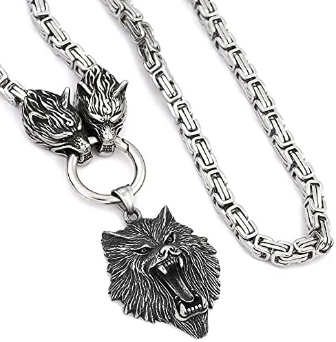 YABEME Herren Wikinger Halskette Fenrir Wolf Kopf Anhänger Amulett Schmuck Hochleistungs Edelstahl König Kettenglied mit Valknut Rune Geschenktüte,23inch