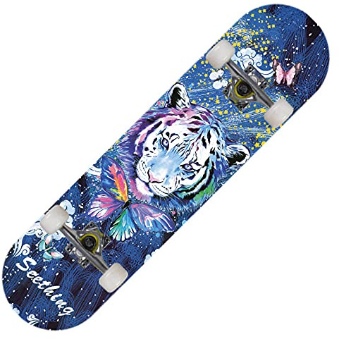 Skateboard Tigerschmetterling Skateboard Kinder ab 8 Jahre 80x20cm 7-Lagigem Ahornholz Longboard Double Kick Komplett für Anfänger Jungen Mädchen Erwachsene Profi Penny Board